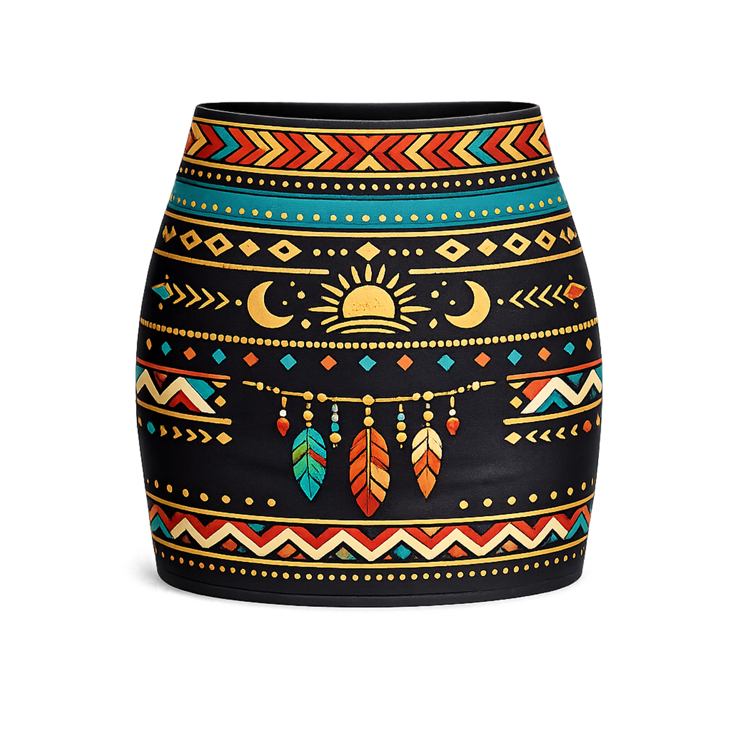 Black Boho Tribal Mini Skirt – High Waist Aztec Geometric Print, Sun & Moon Motif, Feather Charm Detail