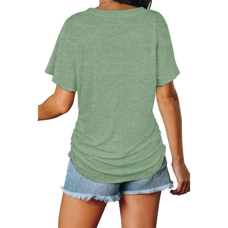 Womens Short Sleeve V Neck Dolman Tops with Side Shirring Loose Fit Shirts