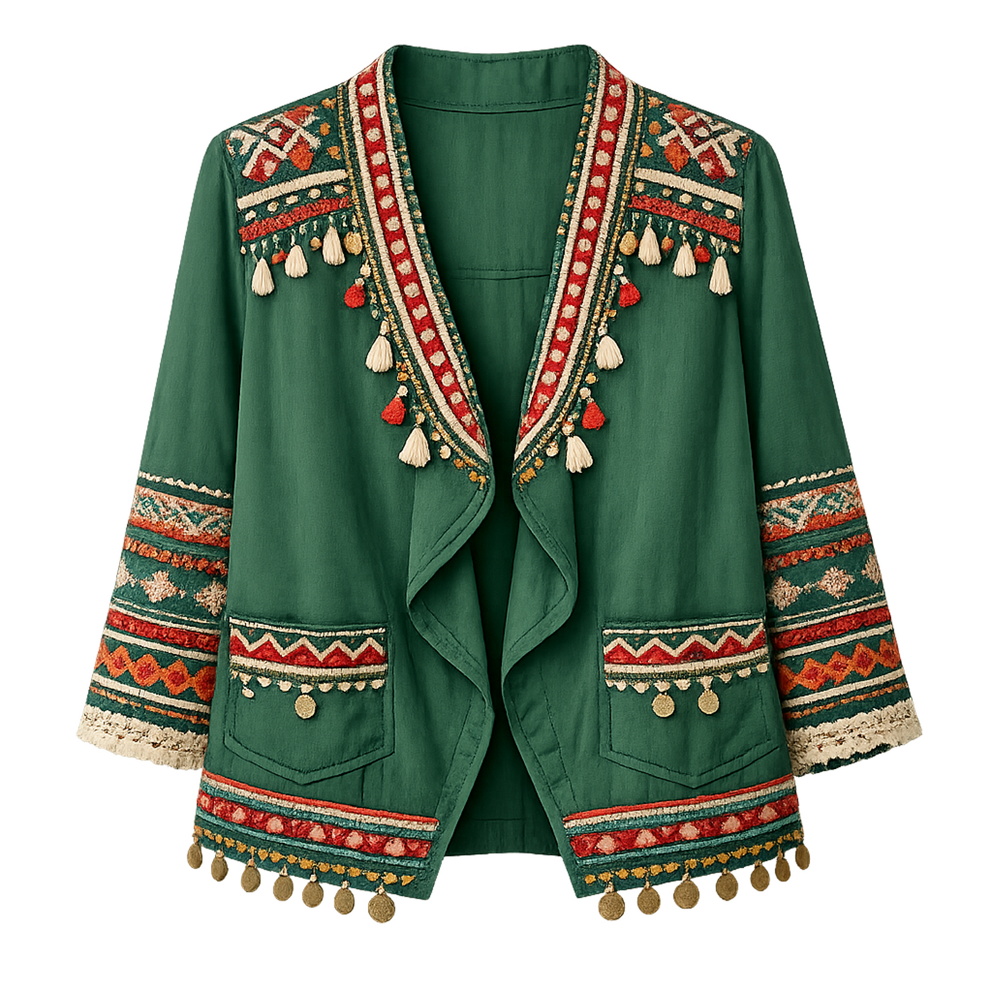 Boho Ethnic Embroidered Open-Front Jacket – Forest Green with Tassel &amp; Coin Trim, Relaxed Fit Layering Outerwear