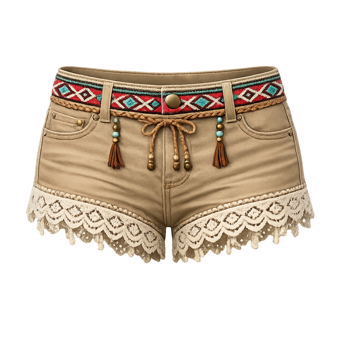 Khaki Boho Lace Trim Shorts – Mid Rise Denim-Style Shorties, Tribal Woven Waistband, Rope Tie with Tassels &amp; Beads