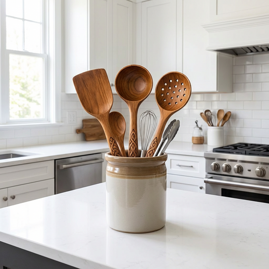 Hand-Carved Wooden Cooking Utensil Set (Spatula + Soup Ladle + Slotted Spoon) — 3-Piece