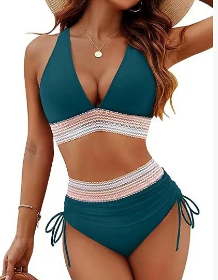 High Waisted Tummy Control Color Block Bikini Set