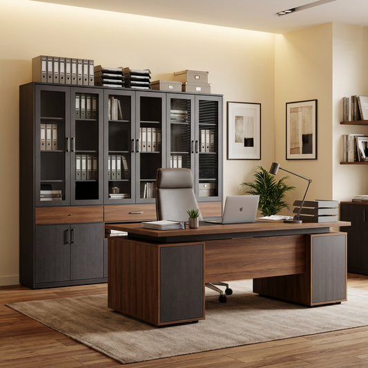 Modern Farmhouse Glass-Door Storage Cabinet with Drawers & Open Shelf