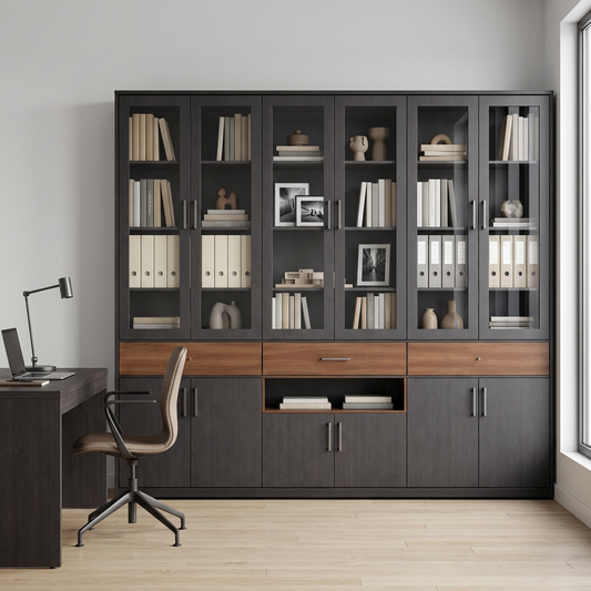 Modern Farmhouse Glass-Door Storage Cabinet with Drawers & Open Shelf