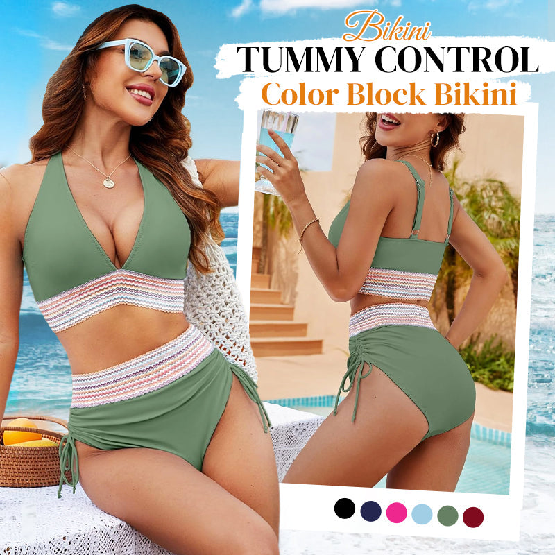 High Waisted Tummy Control Color Block Bikini Set
