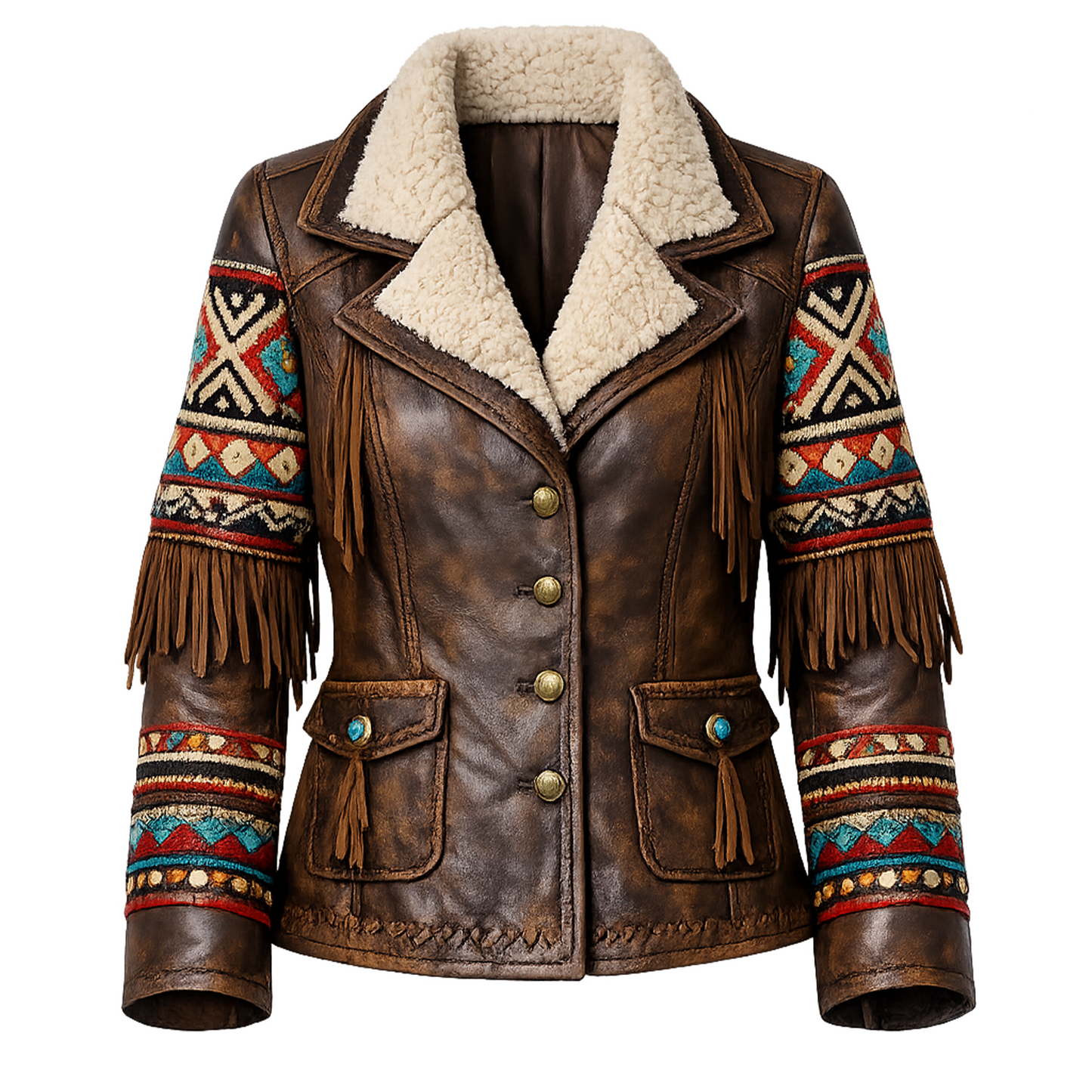 Western Boho Faux Leather Shearling Jacket – Vintage Brown Button-Up Coat with Tribal Embroidery &amp; Fringe, Warm Lined Outerwear