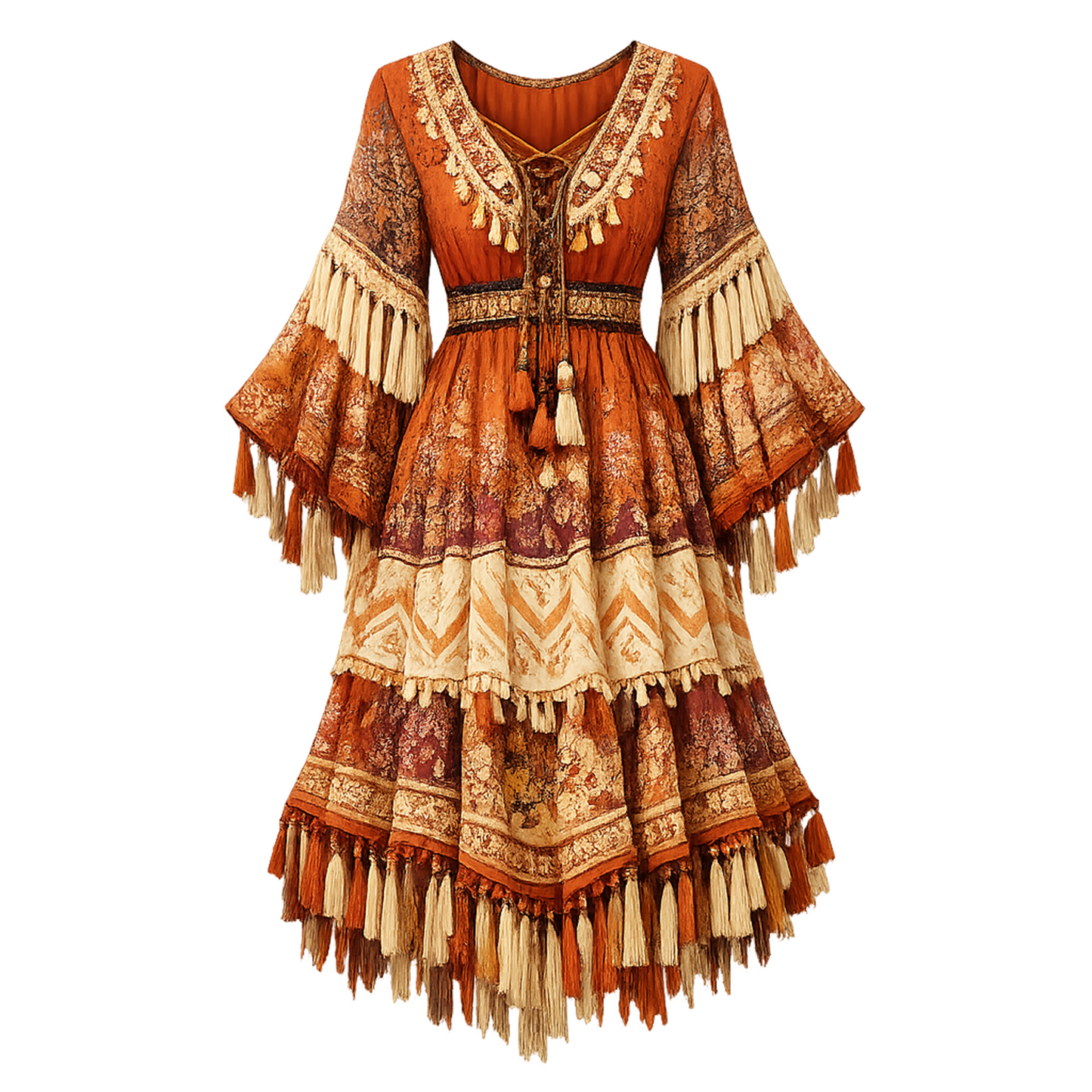 Vintage Rust Orange Boho Fringe Midi Dress – V-Neck Tassel Tie, Cinched Waist, Flared Long Sleeves, Tiered Patchwork Skirt