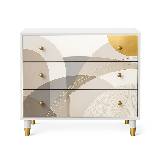 Modern Abstract 3-Drawer Dresser with Gold Knobs & Legs