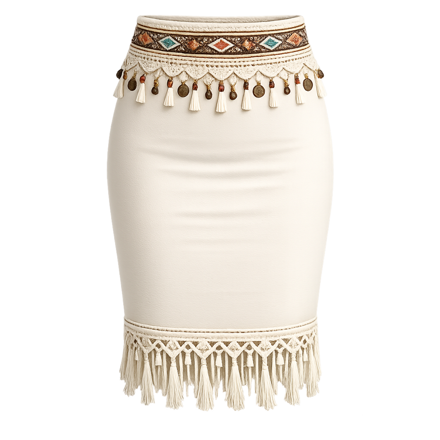 Cream Boho Fringe Pencil Midi Skirt – High Waist Tribal Embroidered Belt, Tassel &amp; Coin Charm Trim, Crochet Fringe Hem