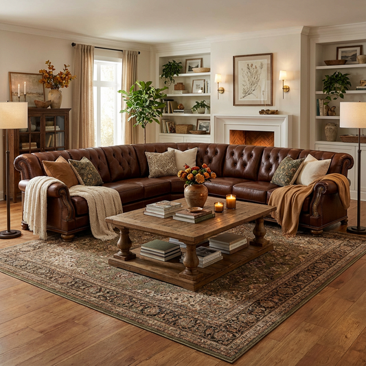 Chesterfield-Style Brown Leather L-Shaped Corner Sectional Sofa