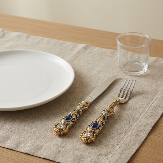 Luxury Vintage Cutlery Set (Ornate Knife + Fork | Gold-Style Handle with Blue Crystal-Look Accents)