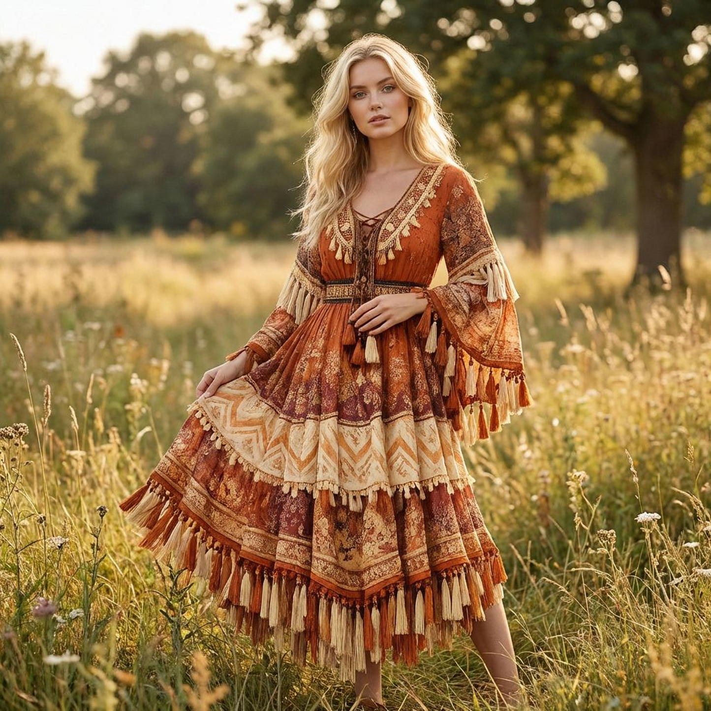 Vintage Rust Orange Boho Fringe Midi Dress – V-Neck Tassel Tie, Cinched Waist, Flared Long Sleeves, Tiered Patchwork Skirt