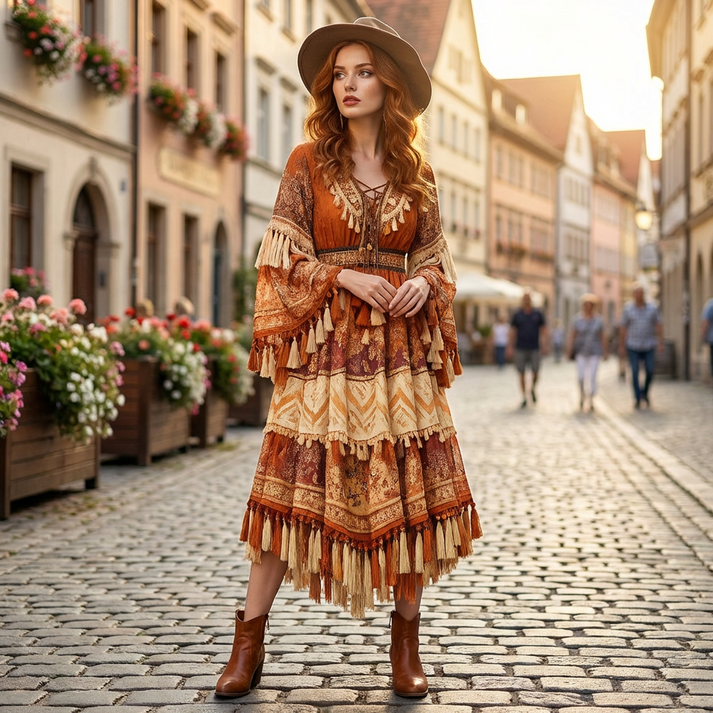 Vintage Rust Orange Boho Fringe Midi Dress – V-Neck Tassel Tie, Cinched Waist, Flared Long Sleeves, Tiered Patchwork Skirt