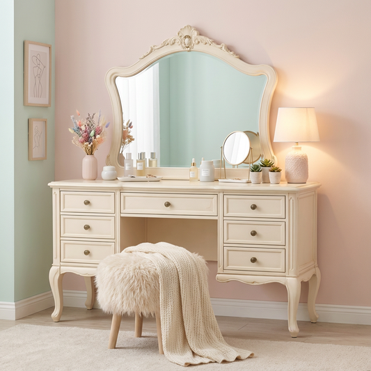 French Country Vanity Table Set with Ornate Mirror