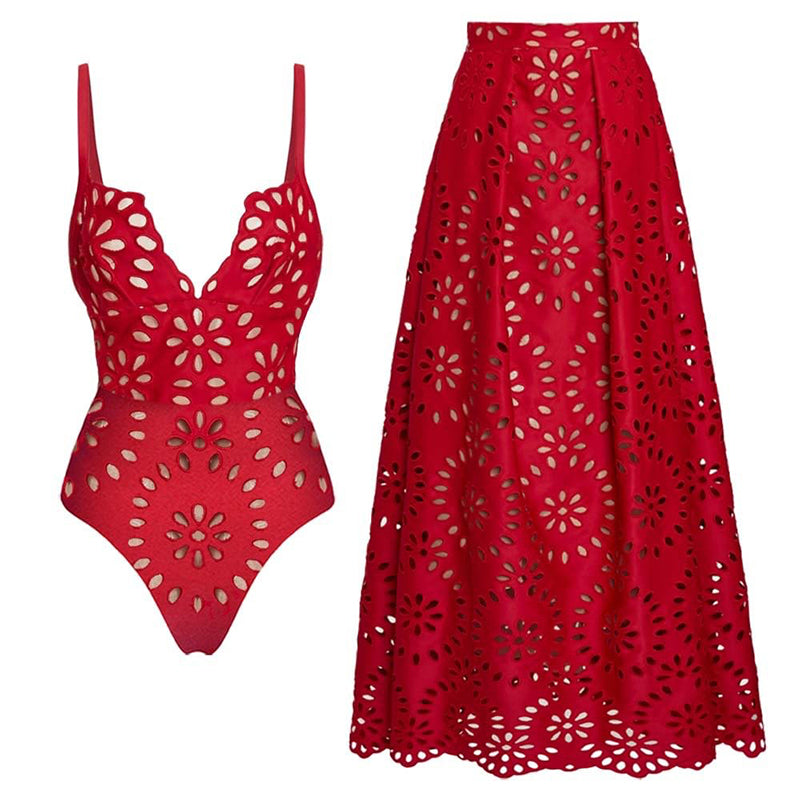 Women's Sexy One Piece Swimsuit with Matching Swim Long Skirt